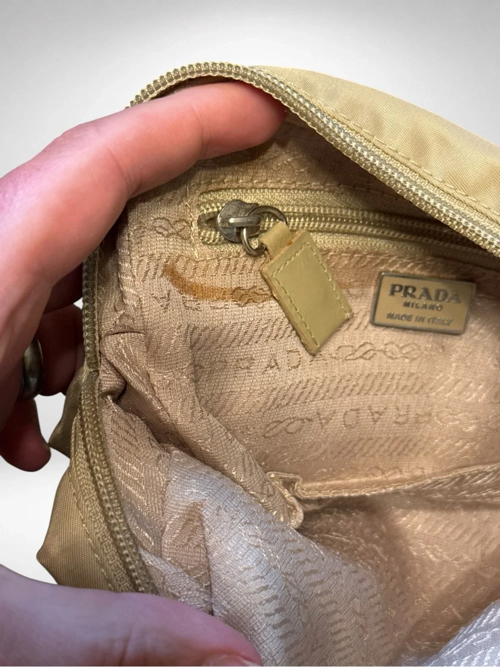 PRADA Authentic Nylon Cosmetic Pouch Beige Zip Makeup Travel Toiletry Bag